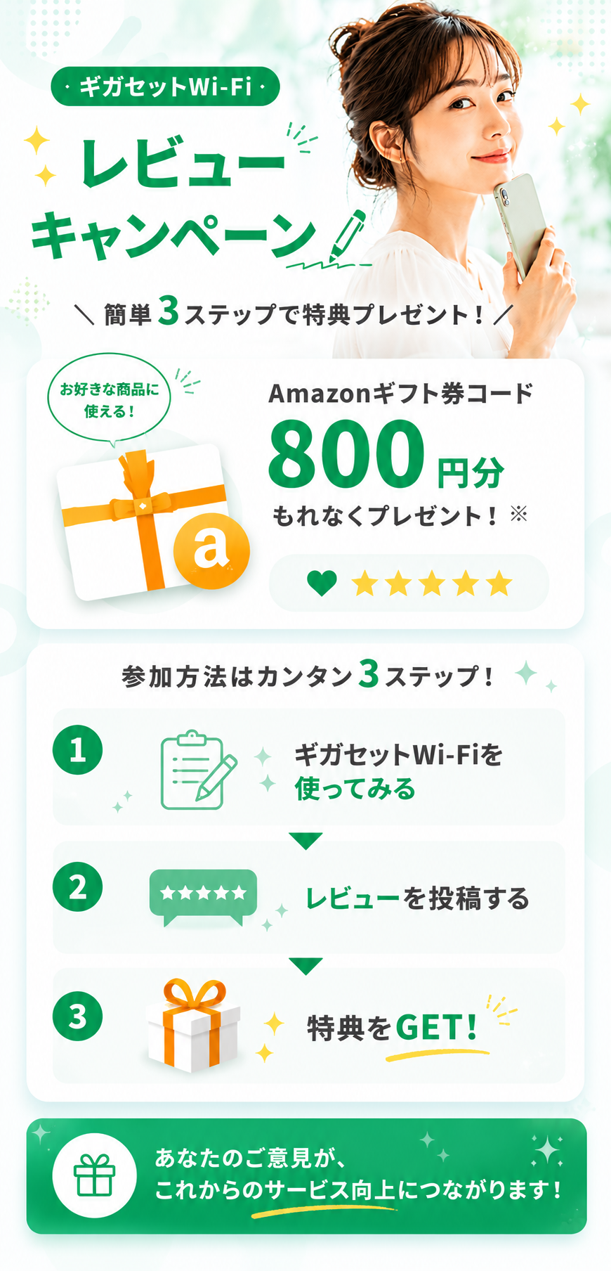 レビュー投稿でAmazonギフト券800円分プレゼント｜ギガセットWi-Fi